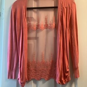 Elegant Coral Lace Trim Cardigan